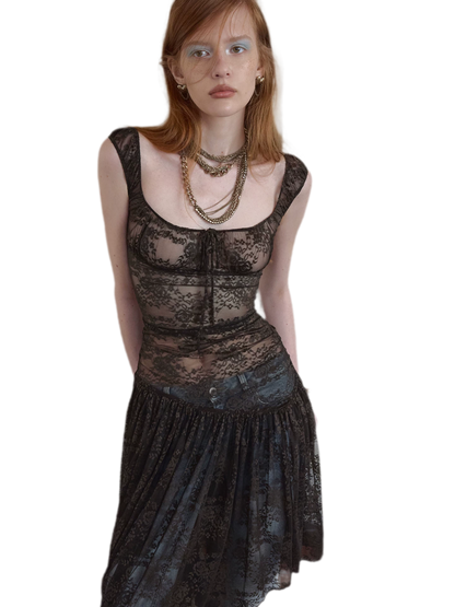 Lace Irregular Hem U-Neck Dress