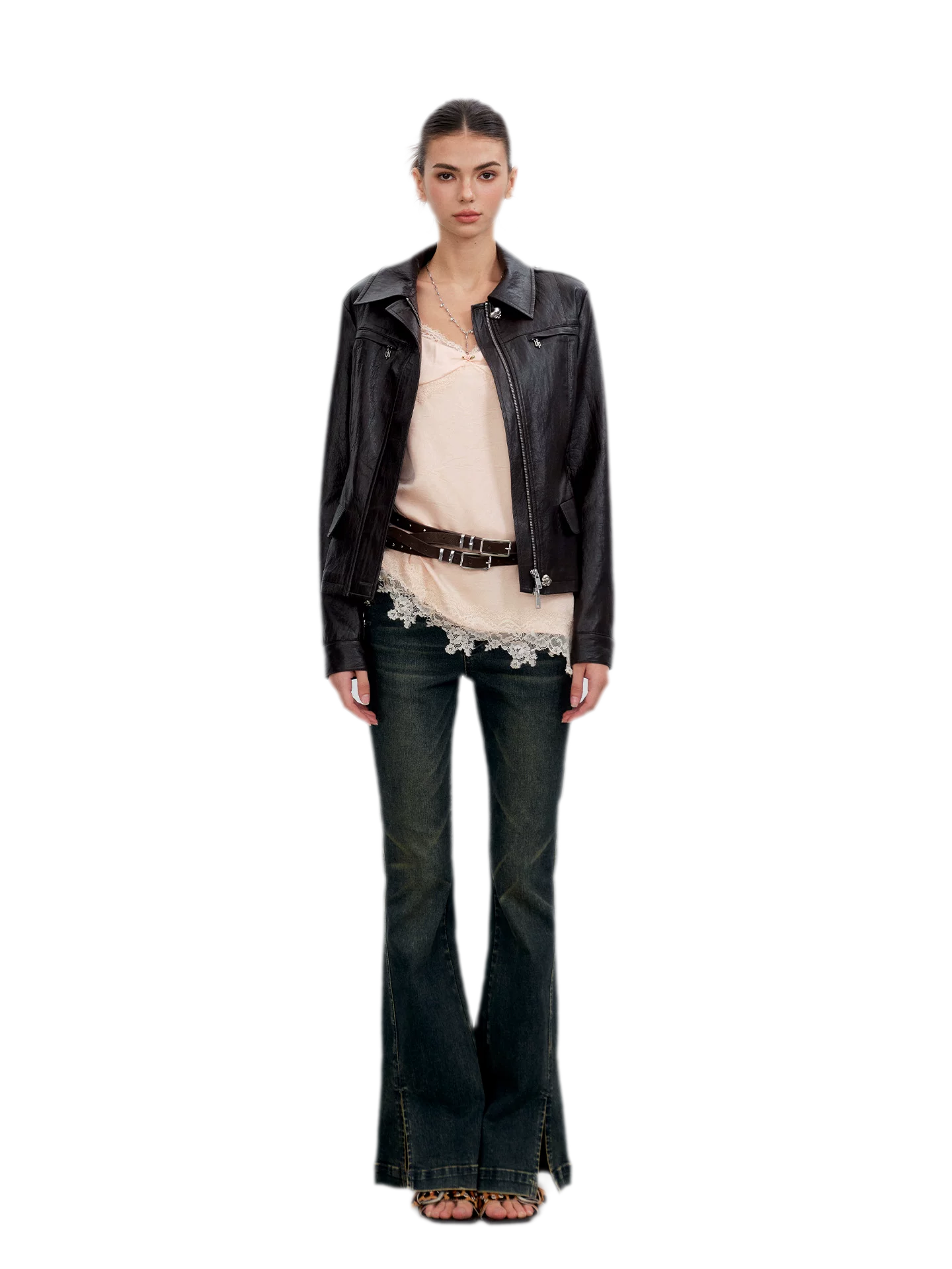 Distressed Cinched Waist PU Jacket