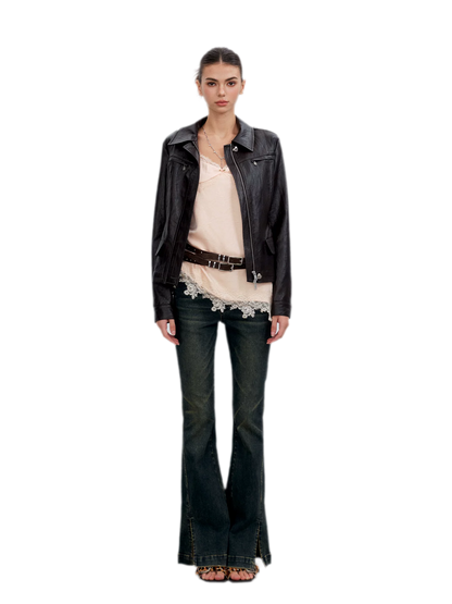 Distressed Cinched Waist PU Jacket