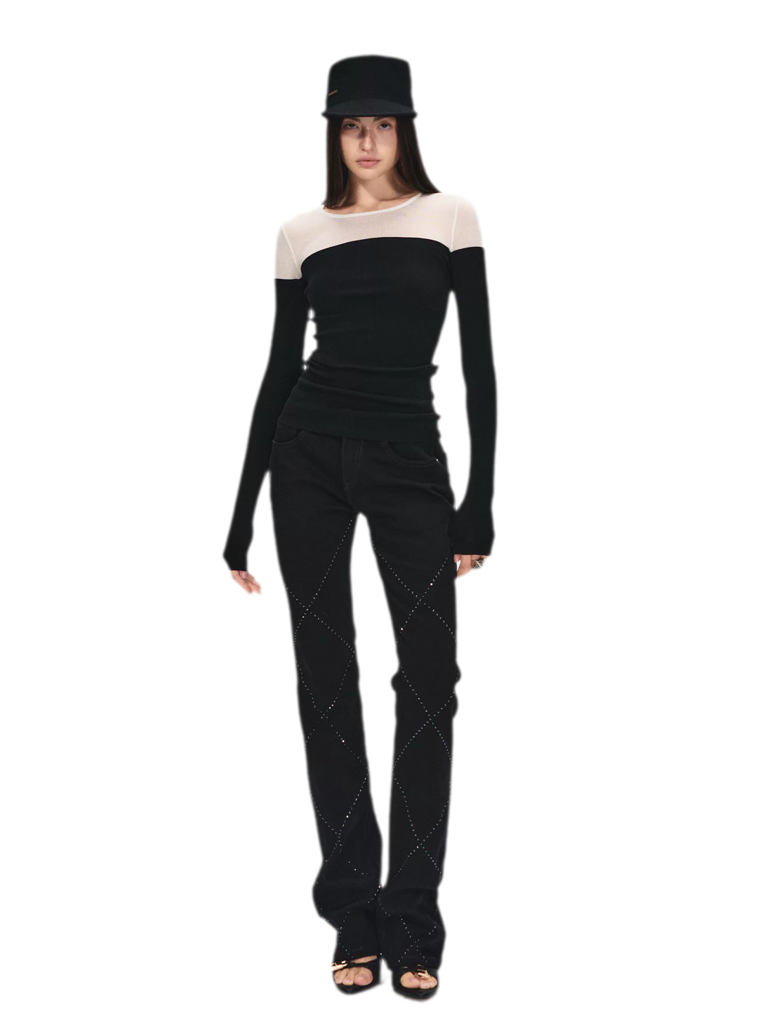 Stylish Quilted Rhinestone Mid-Low Waist Black Slim Flared