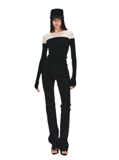 Stylish Quilted Rhinestone Mid-Low Waist Black Slim Flared