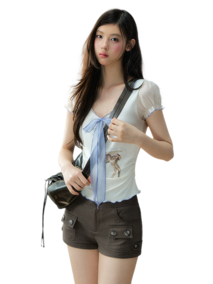 Vintage Brown Multi-Pocket Slim Shorts