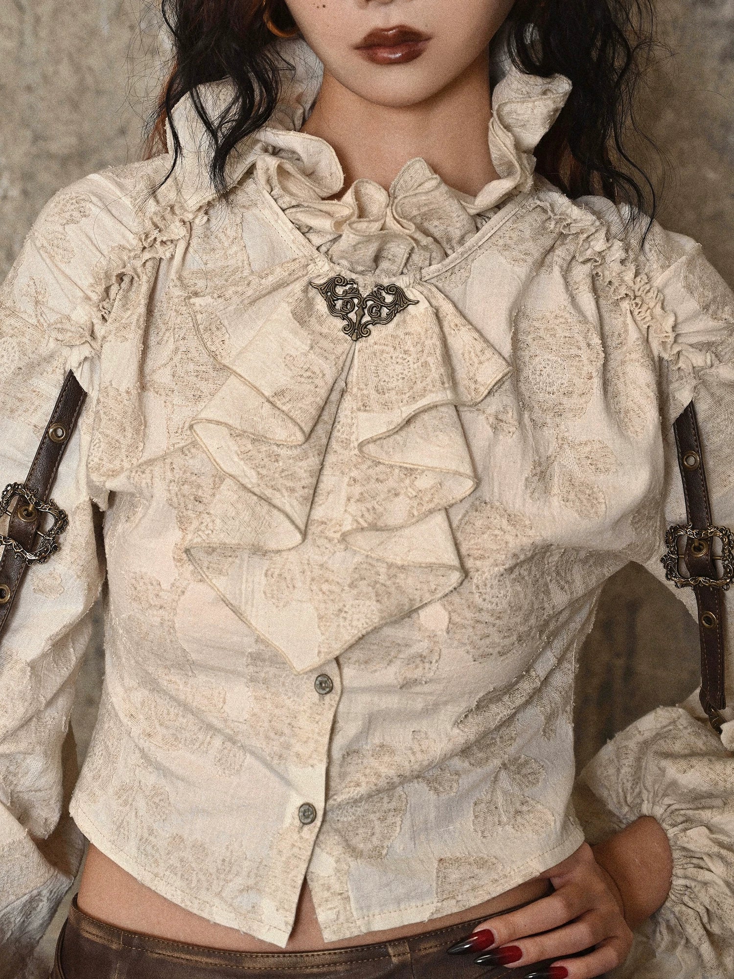 Vintage Jacquard Ruffle Collar Shirt