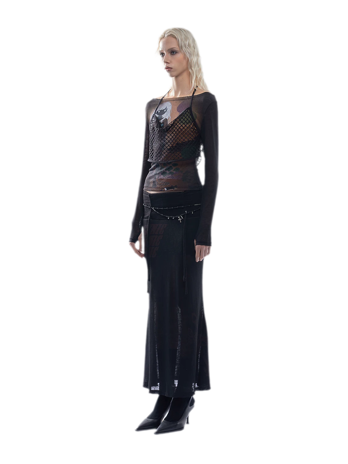 Printed Mesh Fitted Long-Sleeve Top