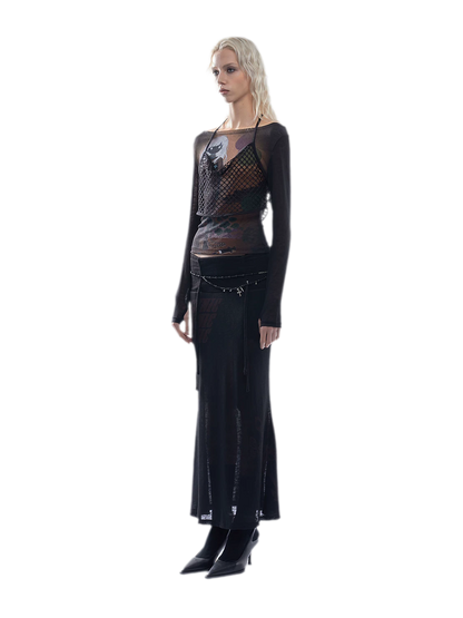 Printed Mesh Fitted Long-Sleeve Top