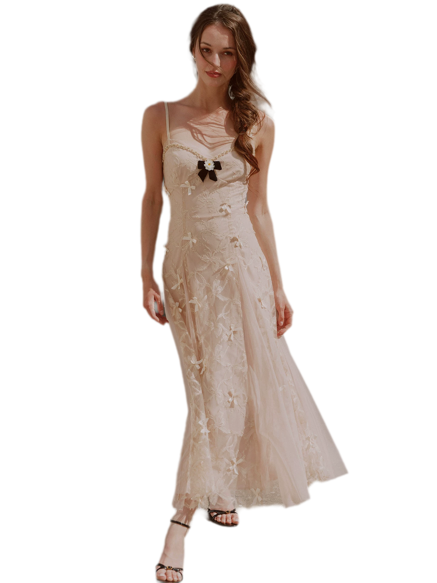 Embroidered Bow Mesh Dress