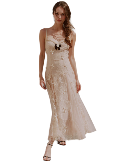 Embroidered Bow Mesh Dress