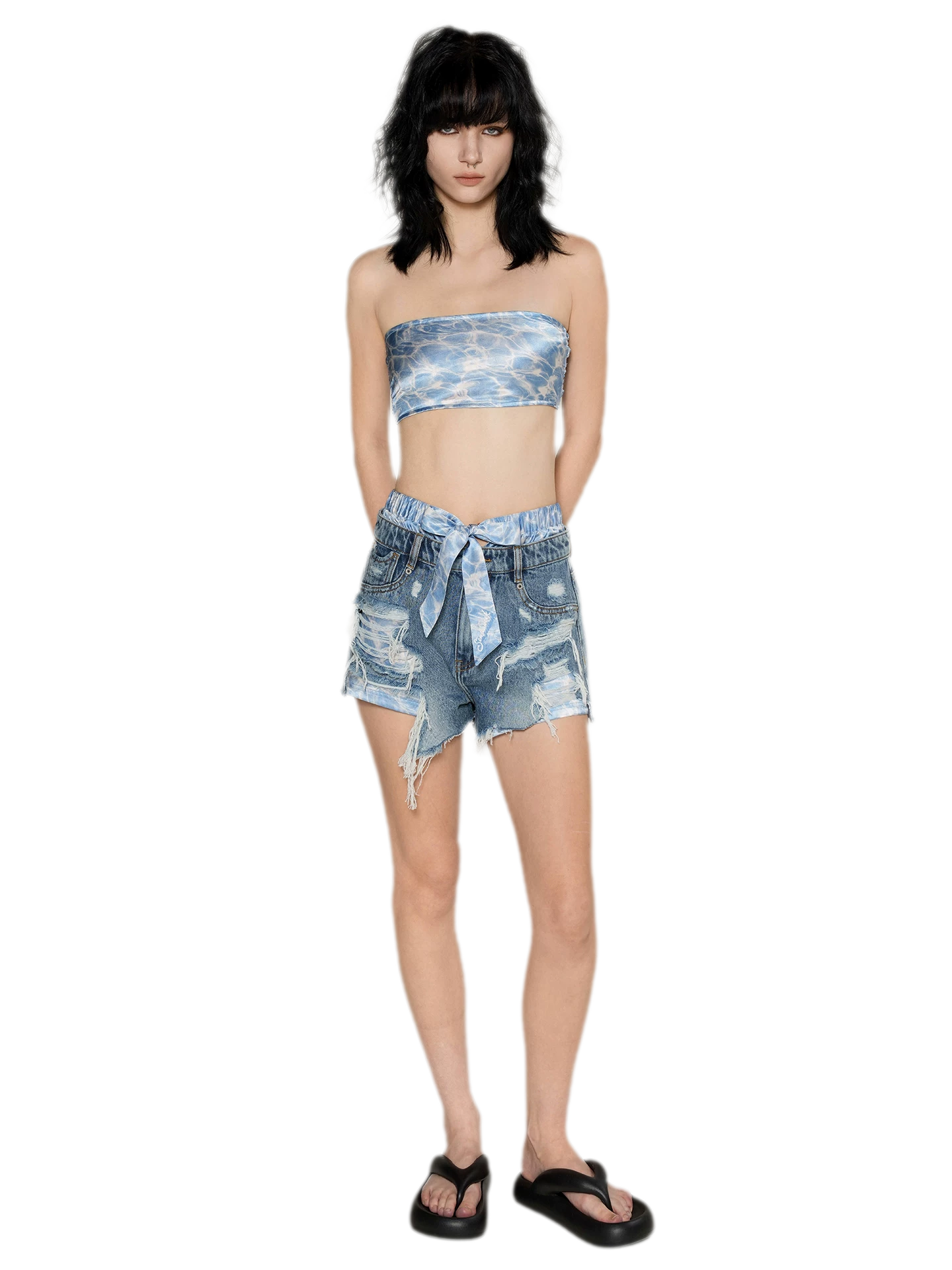 Wave Trim Denim Shorts
