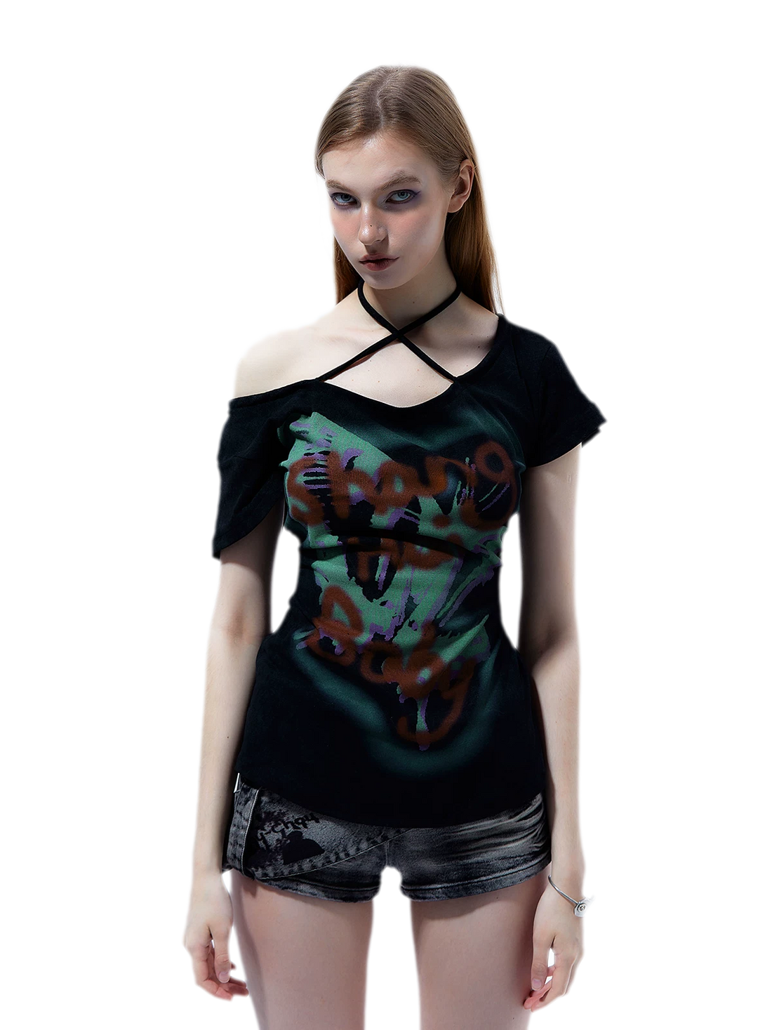 Graffiti Off-Shoulder Fitted T-Shirt