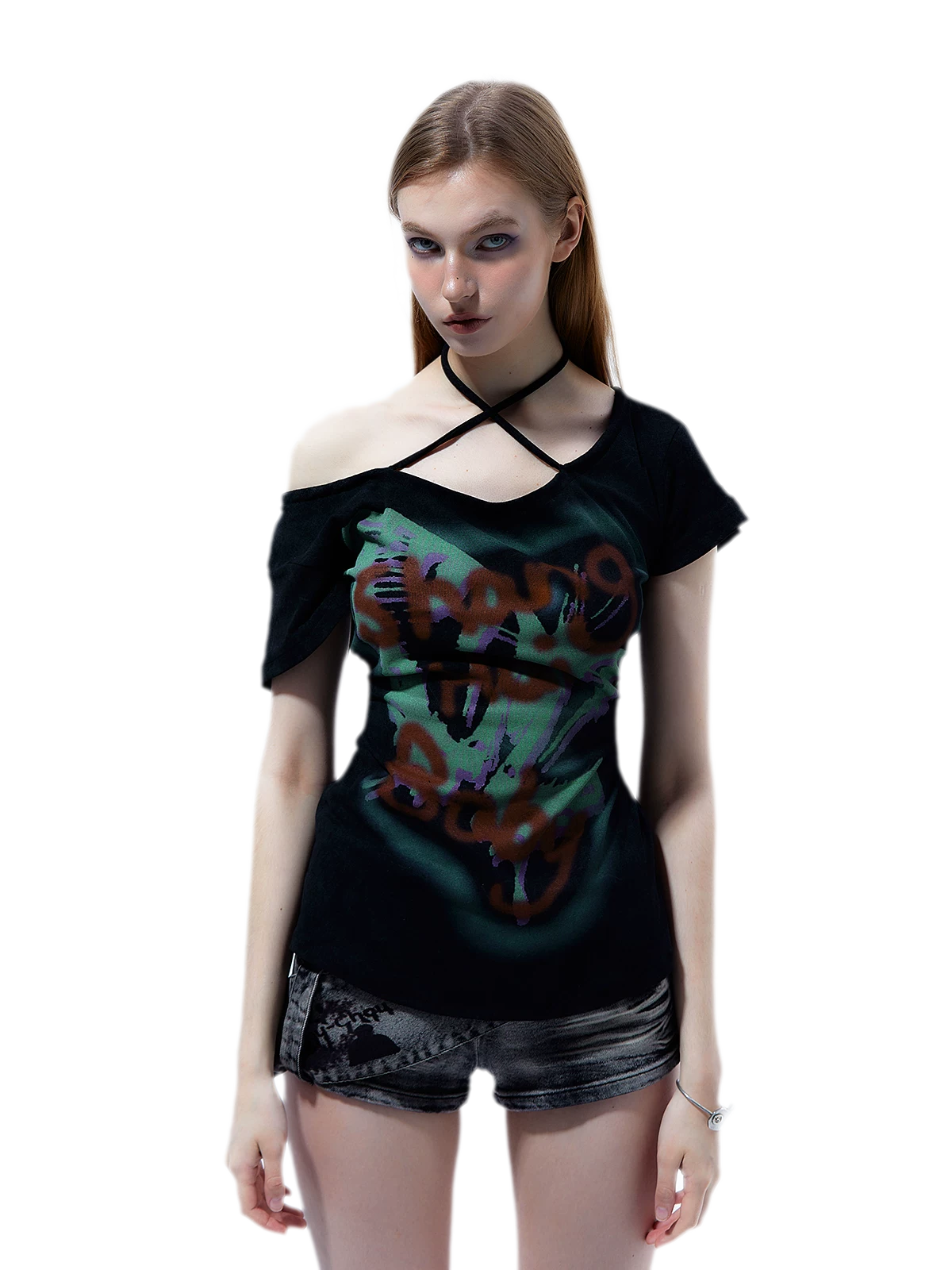 Graffiti Off-Shoulder Fitted T-Shirt
