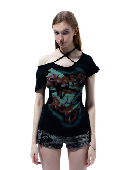 Graffiti Off-Shoulder Fitted T-Shirt