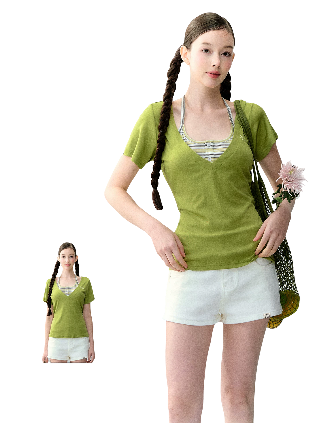 Original Lyocell Colorblock V-Neck Two-Piece Set