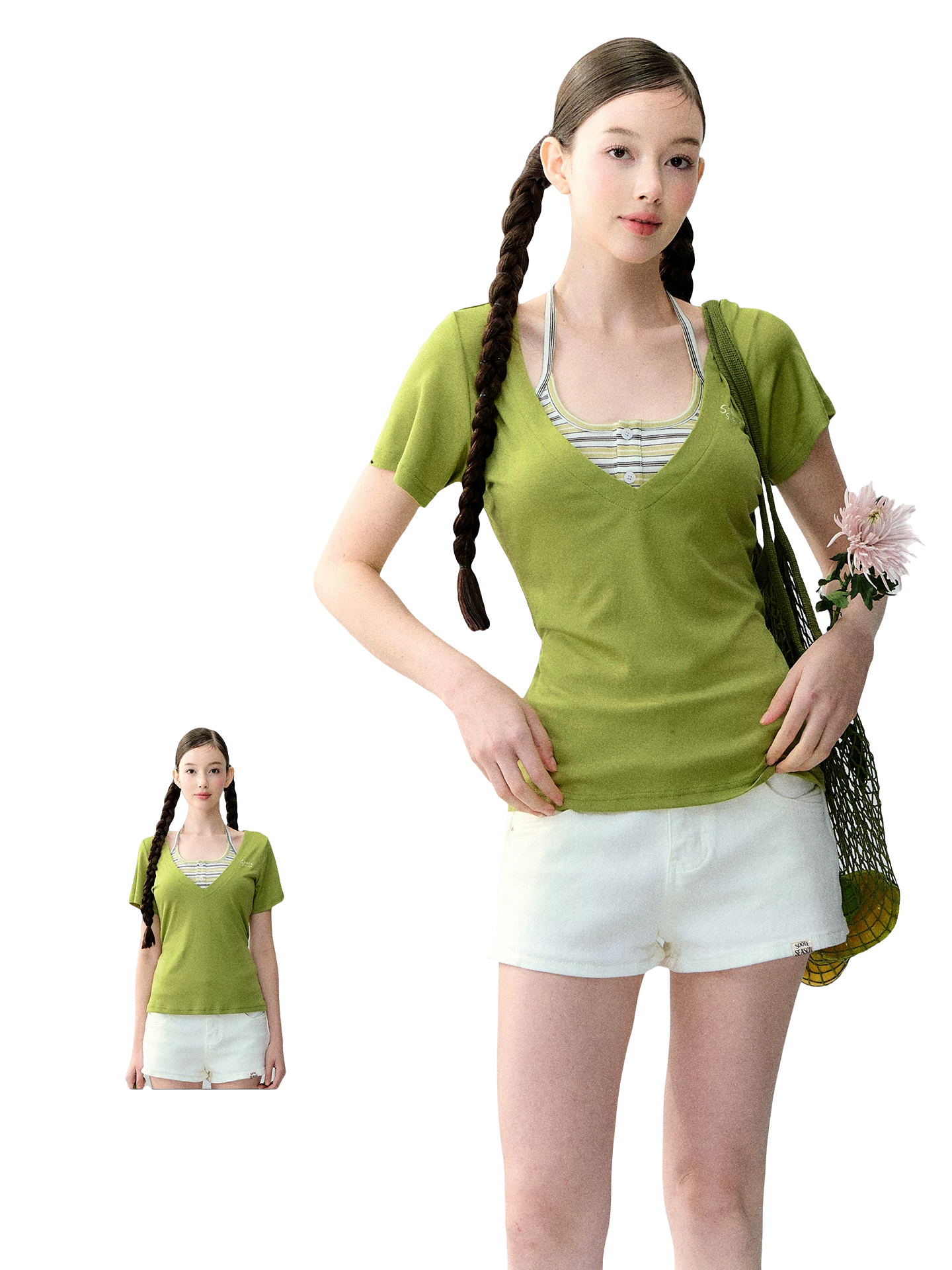Original Lyocell Colorblock V-Neck Two-Piece Set