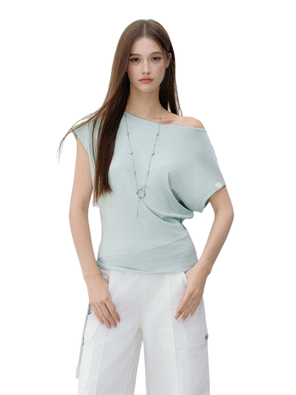 Asymmetric One-Shoulder Tie Detail Cutout Short Sleeve T-Shirt