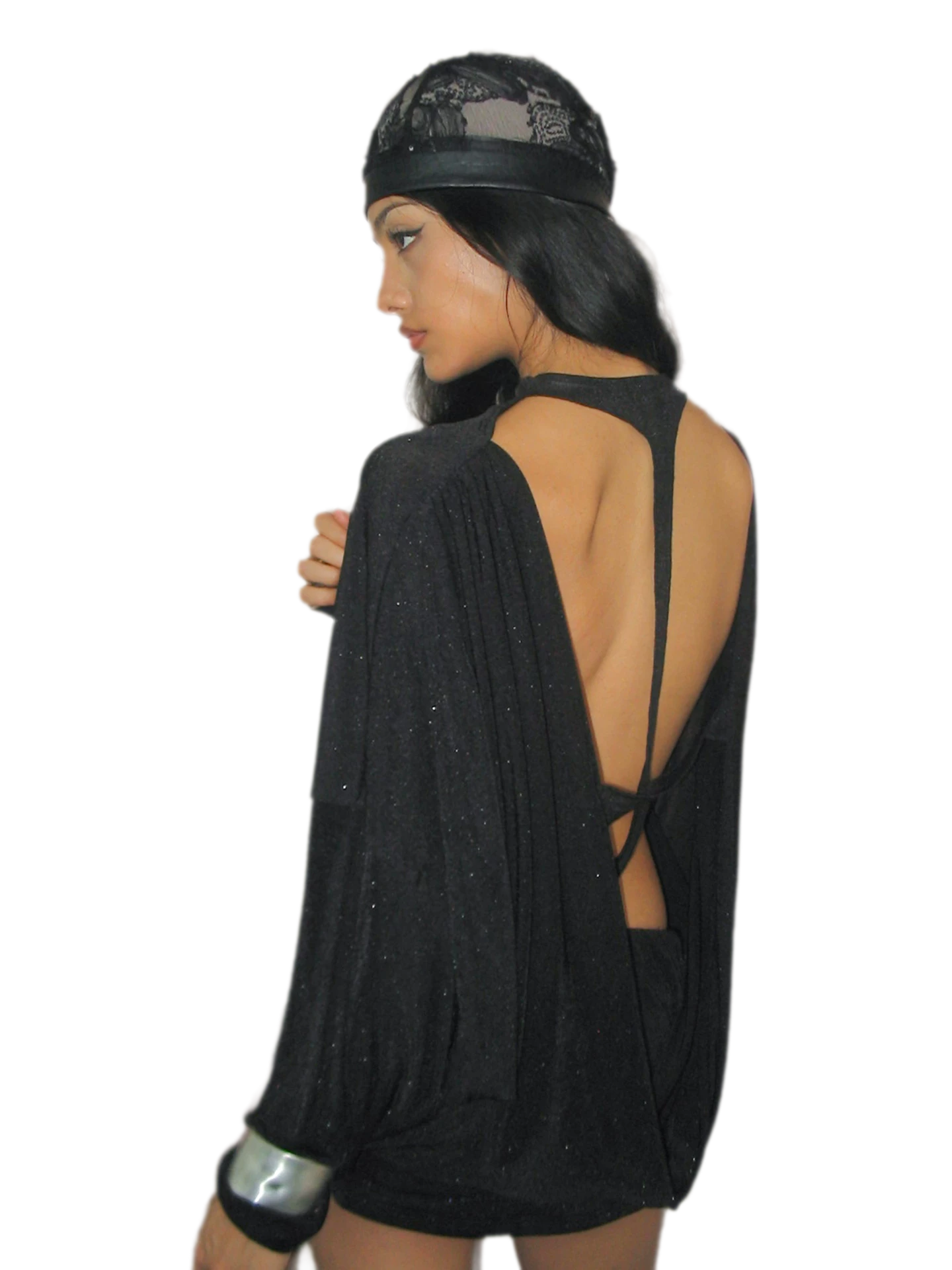Rhinestone Open-Back Batwing Dress