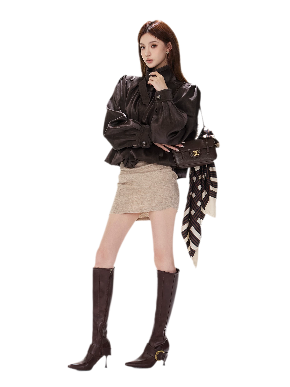 Veste courte froncée en cuir PU
