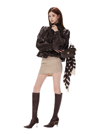 Veste courte froncée en cuir PU