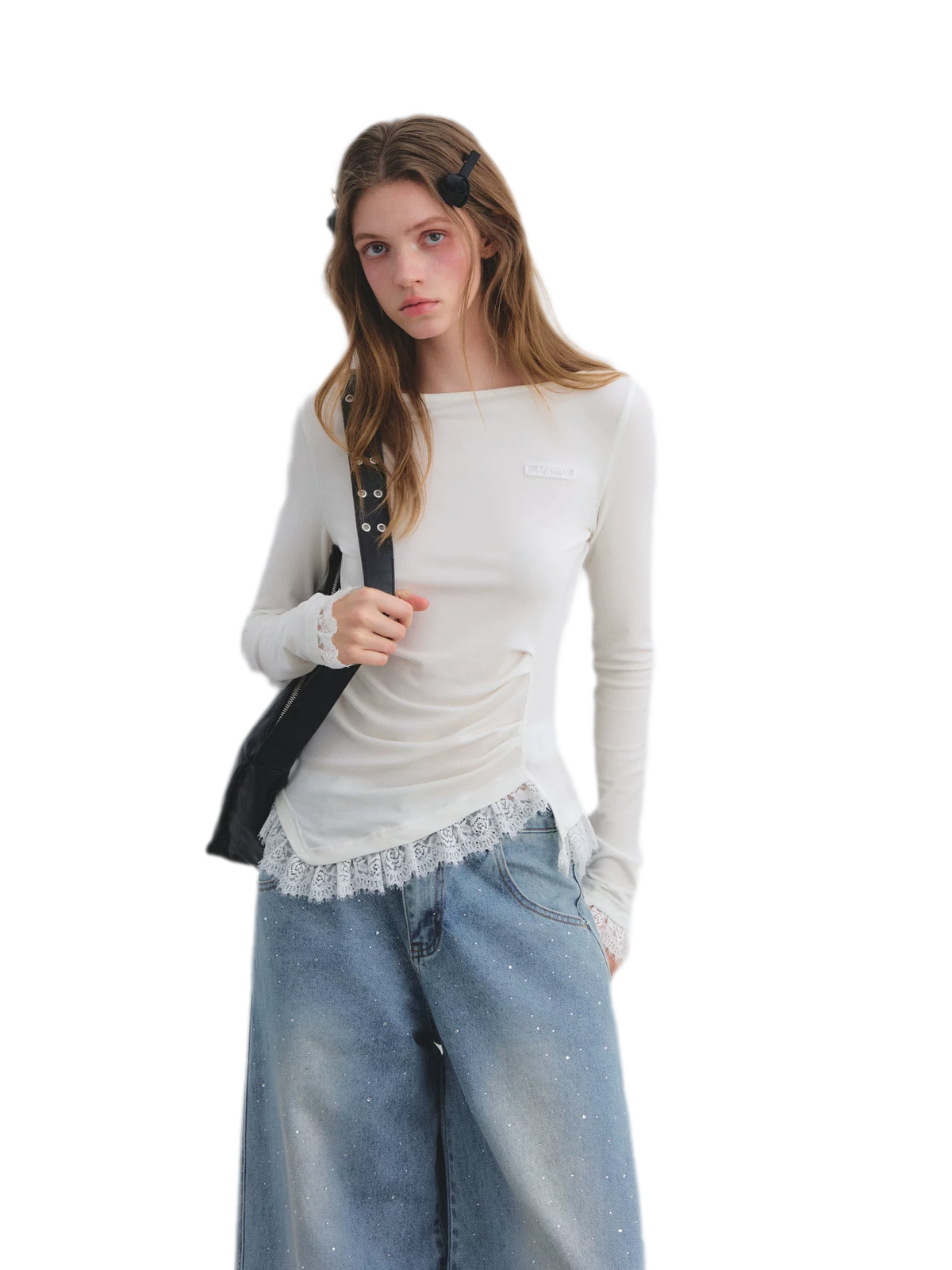 Lace Panel Ruched Hem Top