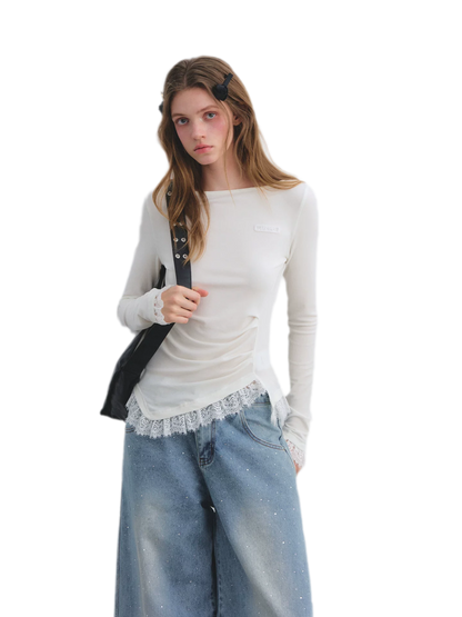 Lace Panel Ruched Hem Top