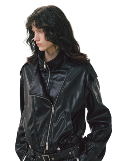Leather-Look Cropped Motorcycle Jacket
