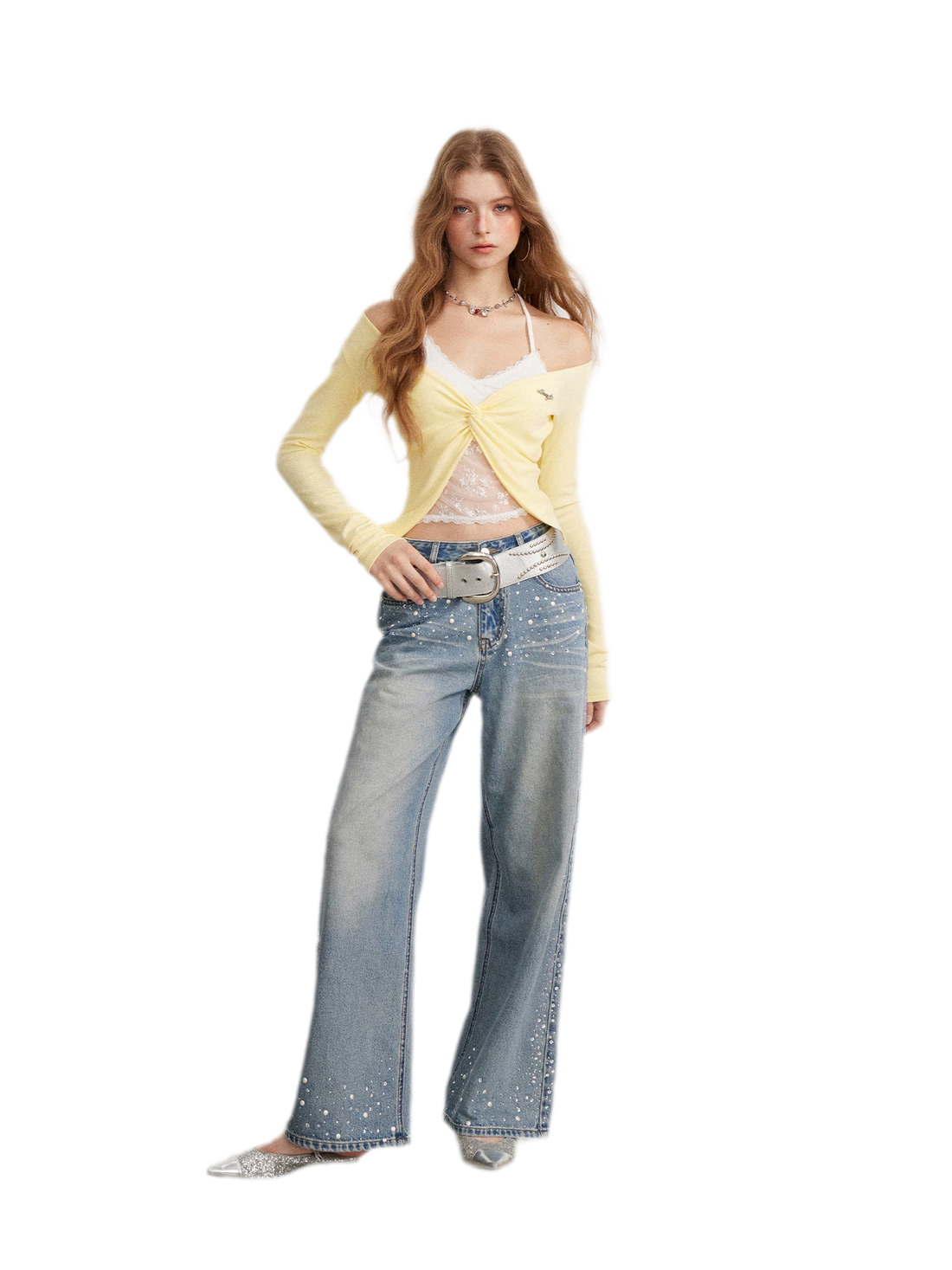 Rhinestone Pearl Wide-Leg Jeans