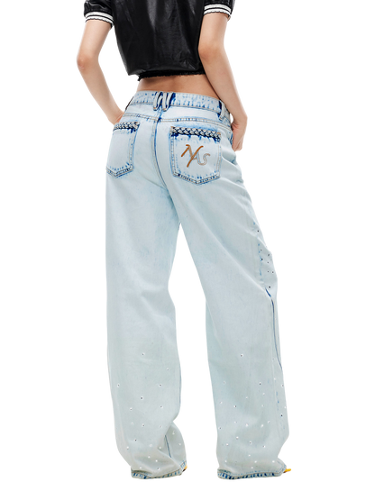 Shimmering Distressed Wide-Leg Jeans