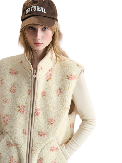 Floral Fleece Stand Collar Vest