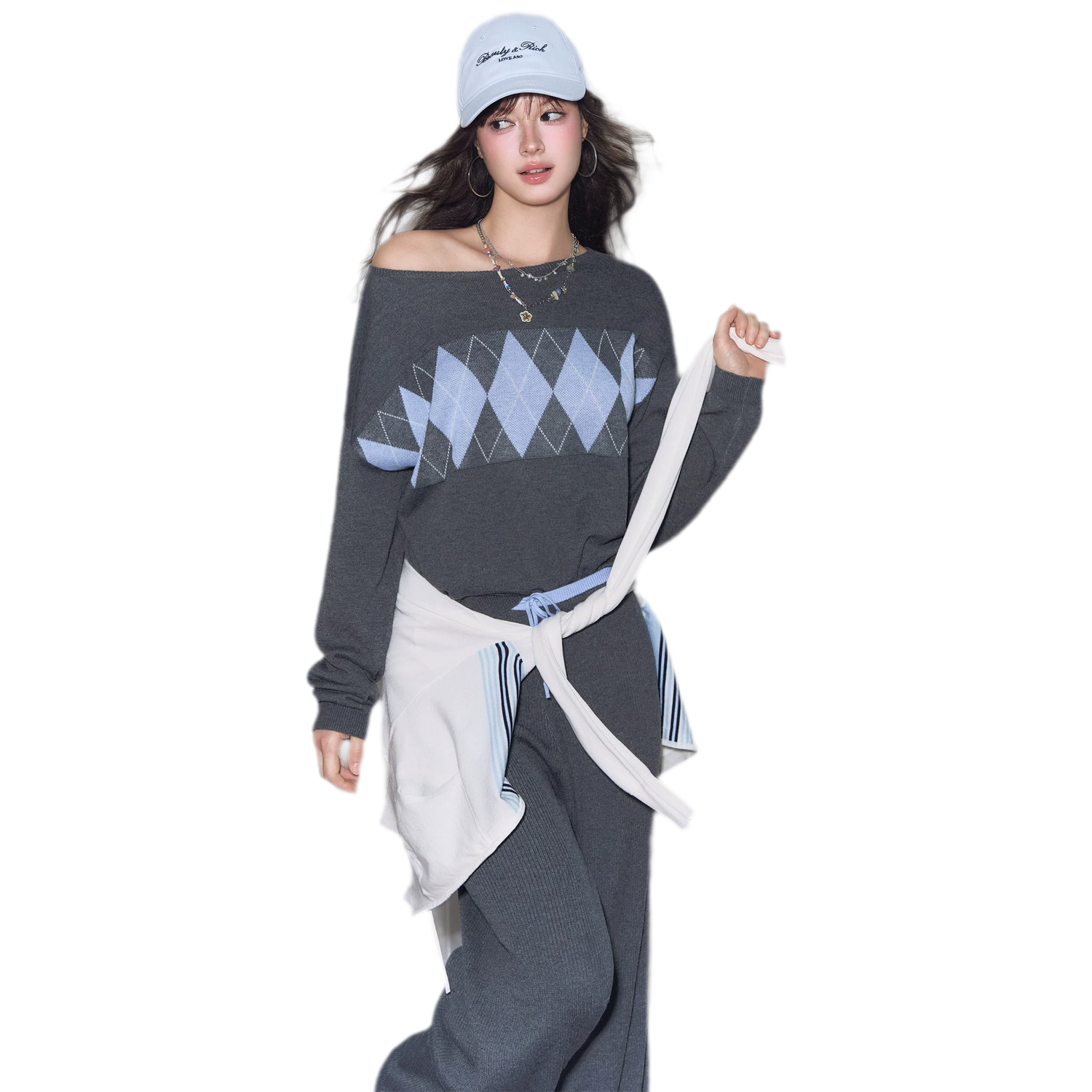 Argyle Off-Shoulder Knit Set