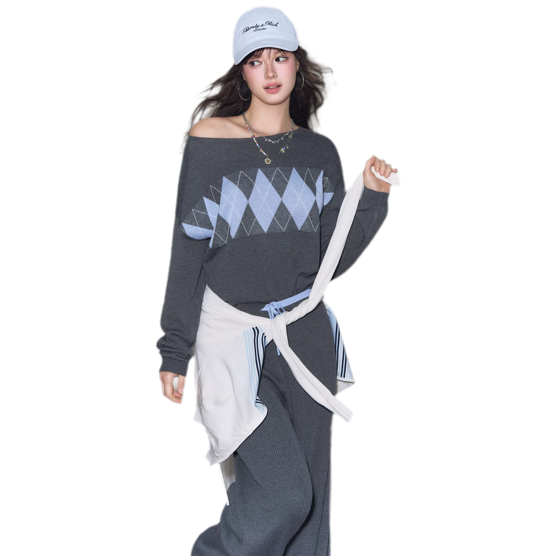 Argyle Off-Shoulder Knit Set