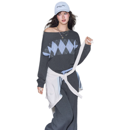 Argyle Off-Shoulder Knit Set