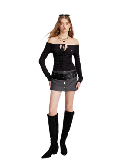 Drawstring Off-Shoulder Long-Sleeve Top