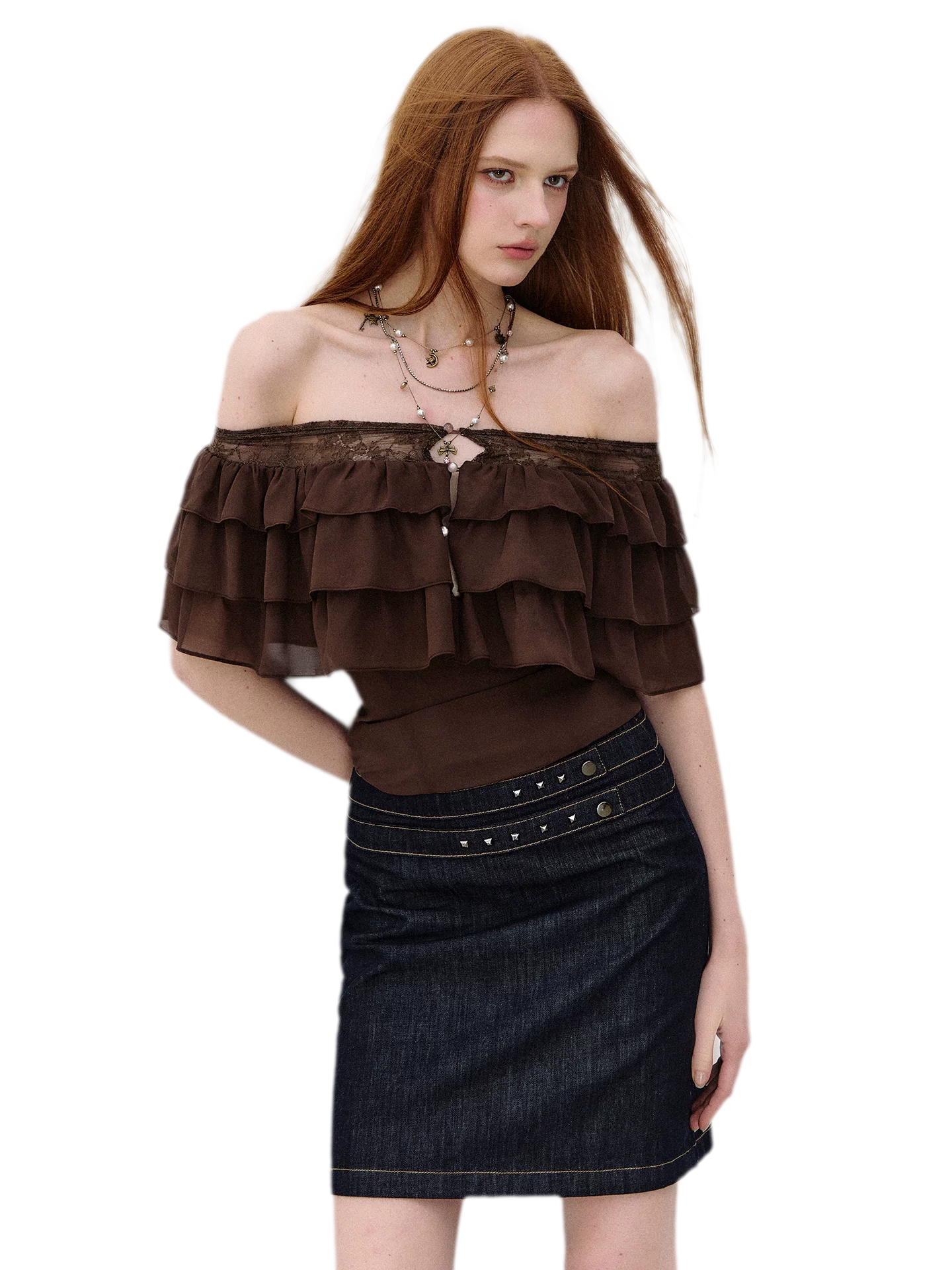 Layered Chiffon Lace Off-Shoulder T-Shirt