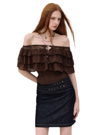 Layered Chiffon Lace Off-Shoulder T-Shirt