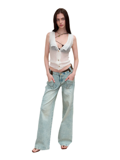 Vintage V-Waist Washed Blue Suede Patch Jeans