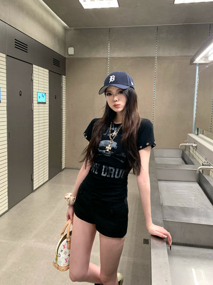 T-shirt court à motif tête de mort effet usé