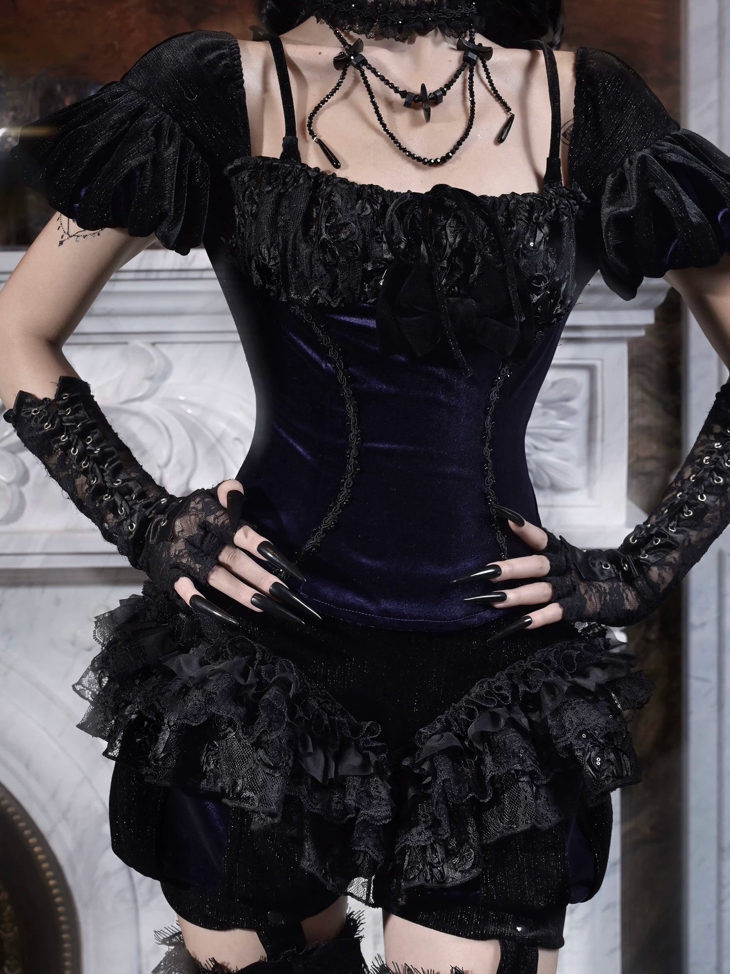 Velvet Puff-Sleeve Lace-Up Top