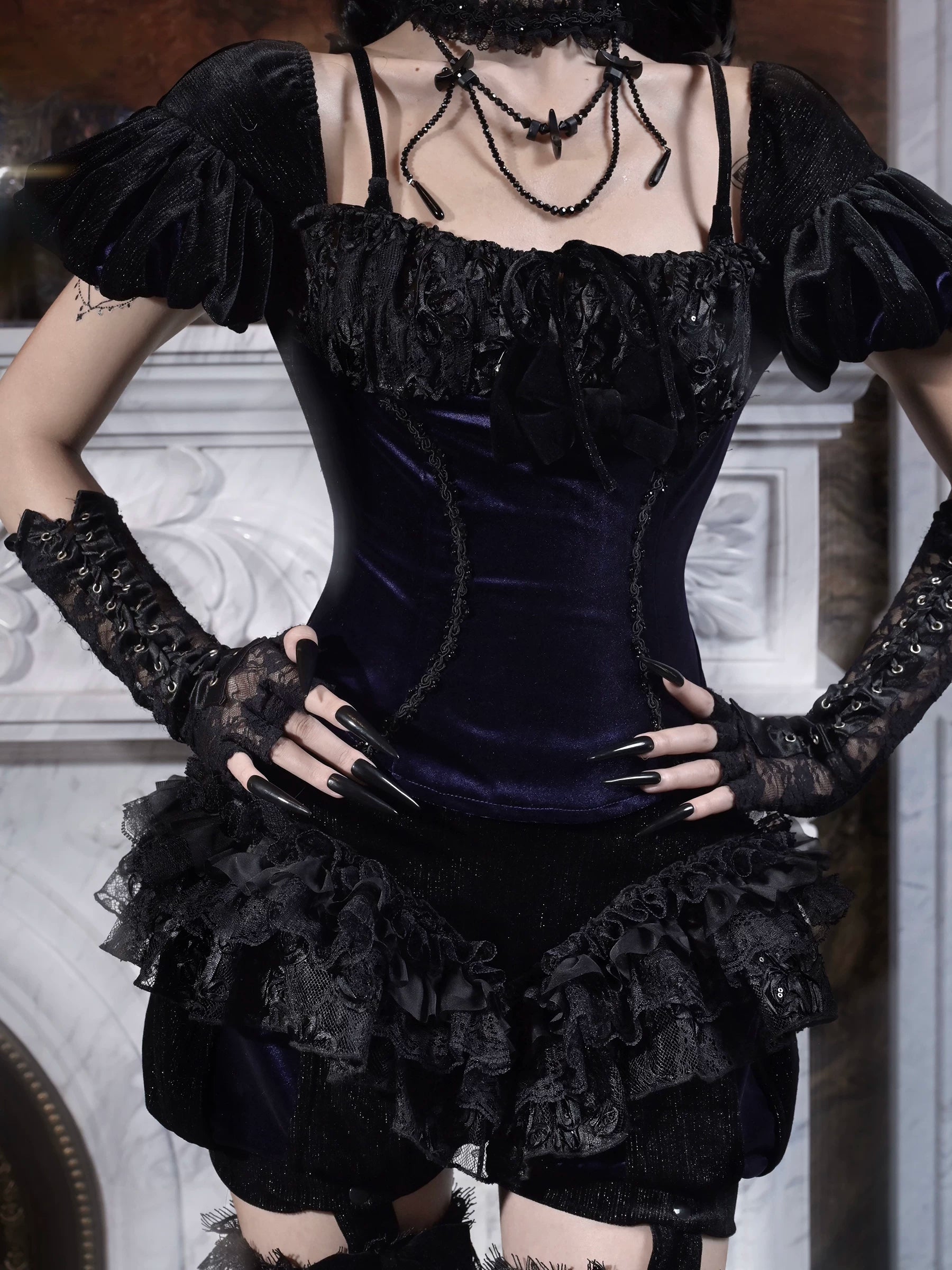 Velvet Puff-Sleeve Lace-Up Top