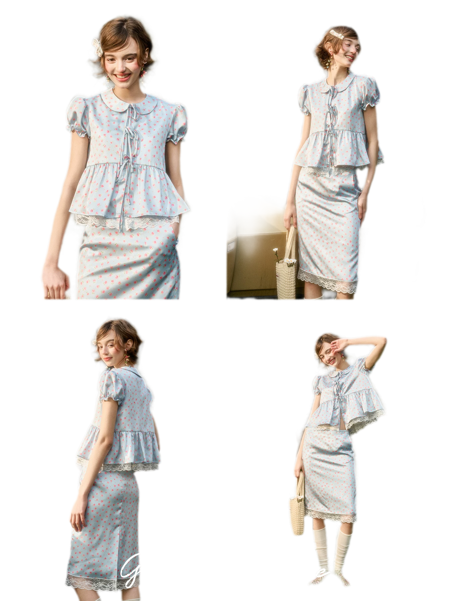 Soft Misty Blue Doll Collar Satin Floral Shirt
