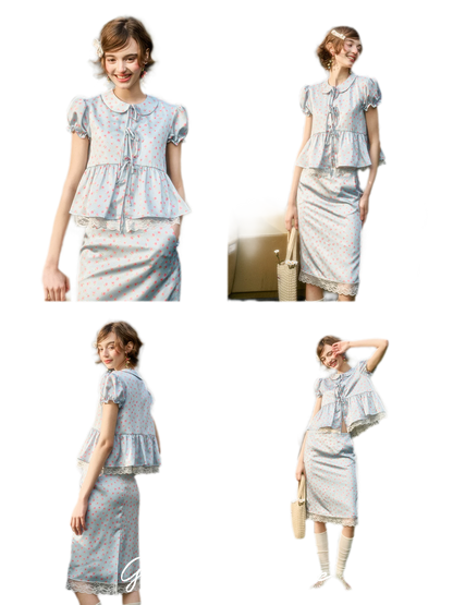 Soft Misty Blue Doll Collar Satin Floral Shirt