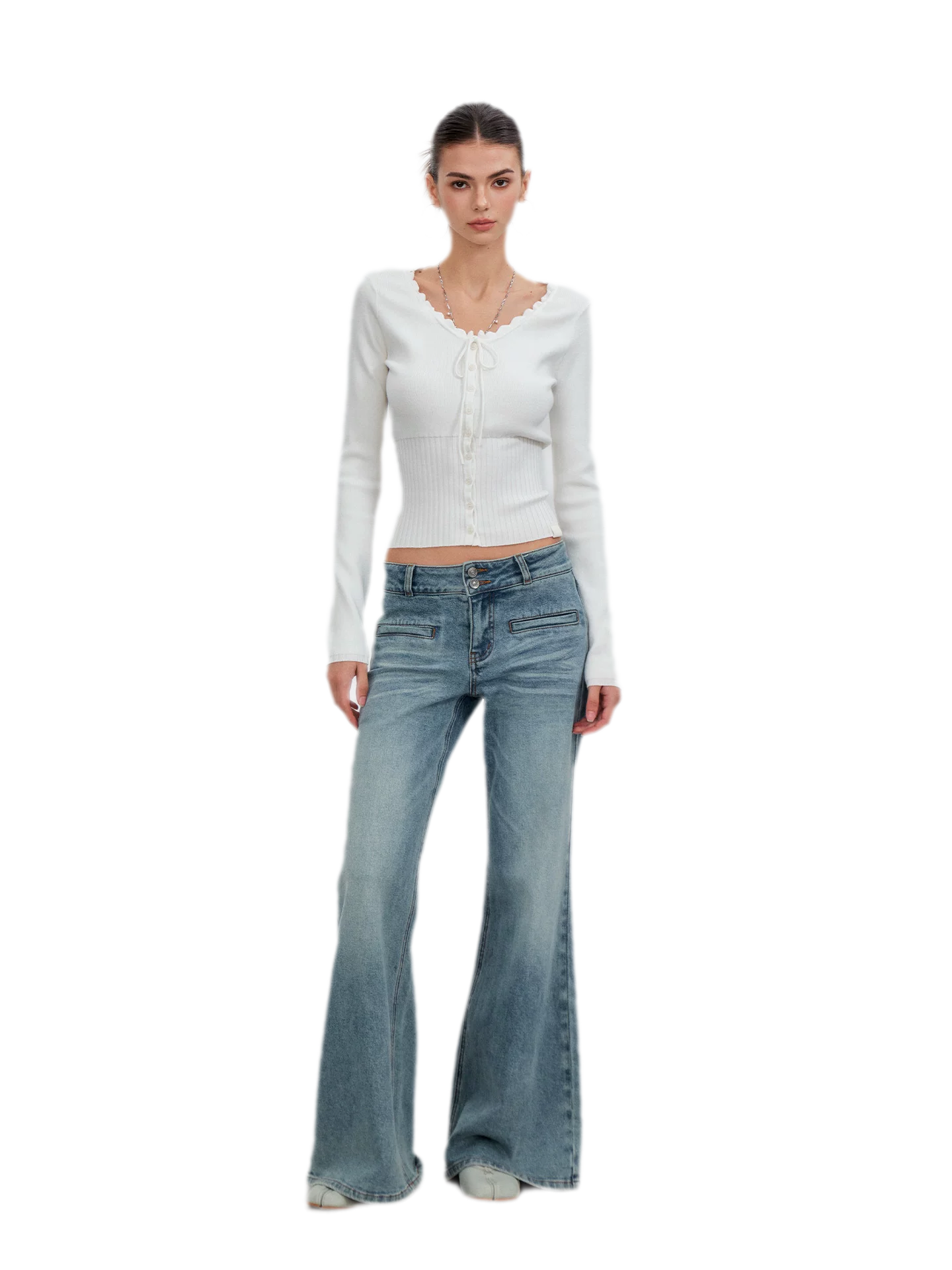 Ribbed Lace-Trim Fitted Knit Top