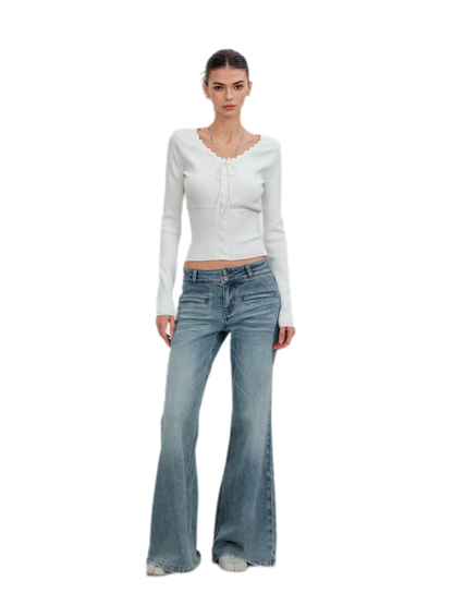 Ribbed Lace-Trim Fitted Knit Top
