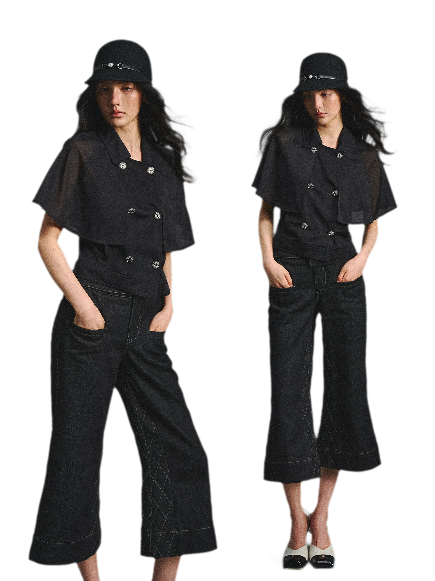 Detachable Cape Chiffon Blouse with Lace Detail