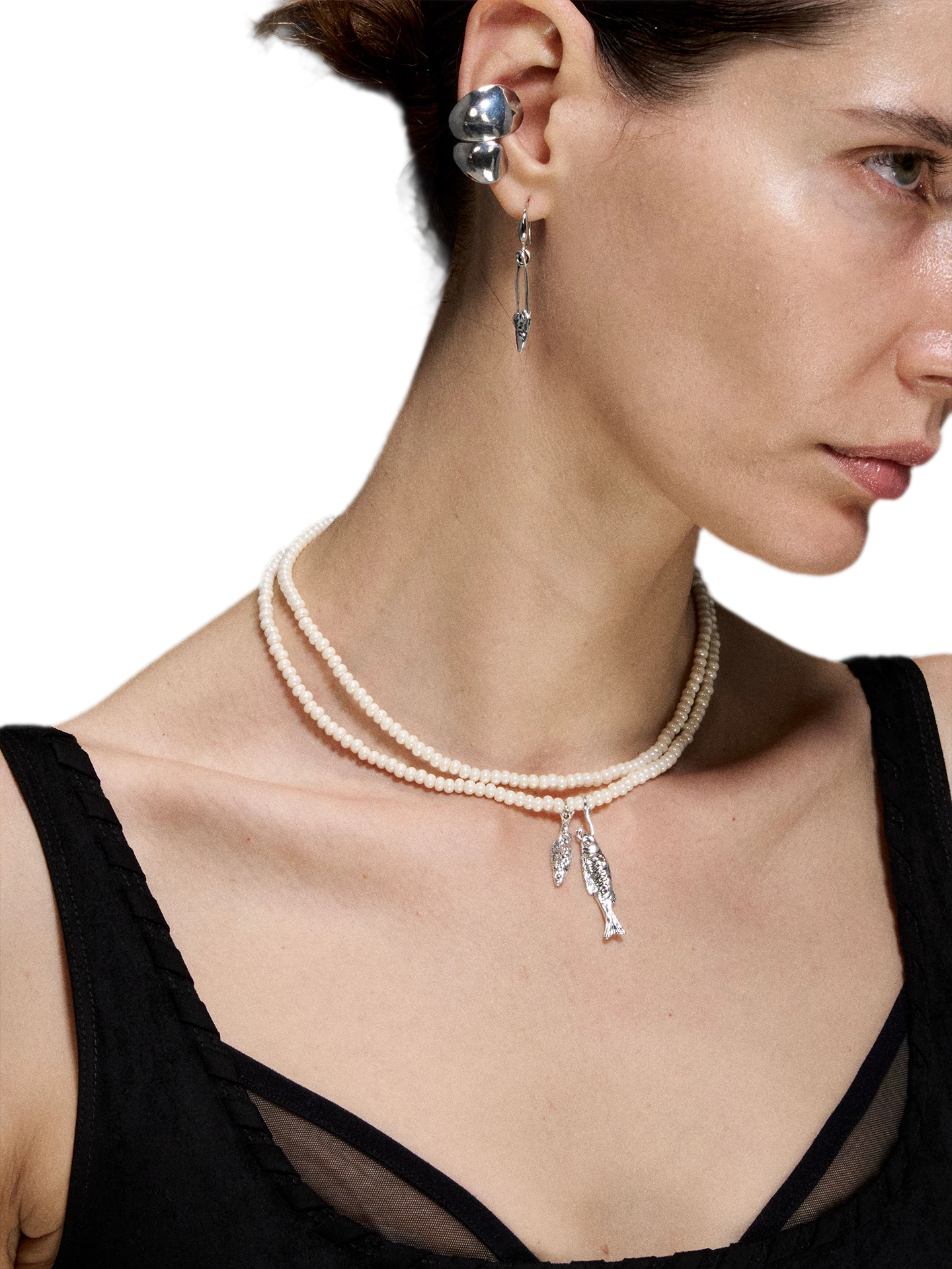 Double-Layer Beaded Fish Pendant Necklace