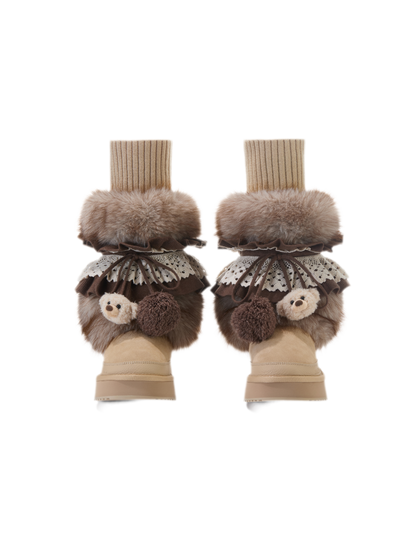 Bốt tuyết lông plush tháo rời có dây buộc
