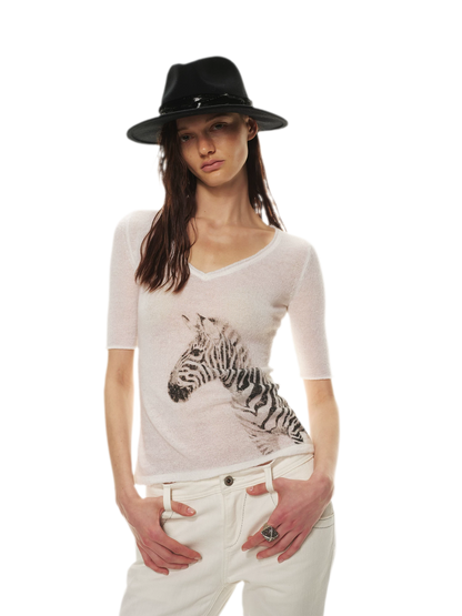 Stylish Zebra Print V-Neck Mohair Wool Blend Sweater