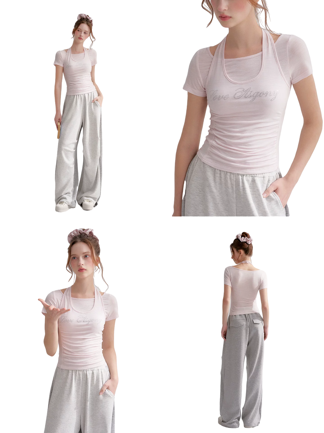 Lyocell Rhinestone Pleated Short Sleeve T-Shirt