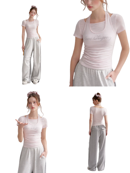 Lyocell Rhinestone Pleated Short Sleeve T-Shirt
