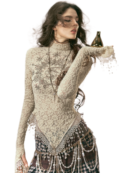 Rose Embellished High Neck Slim Lace Top