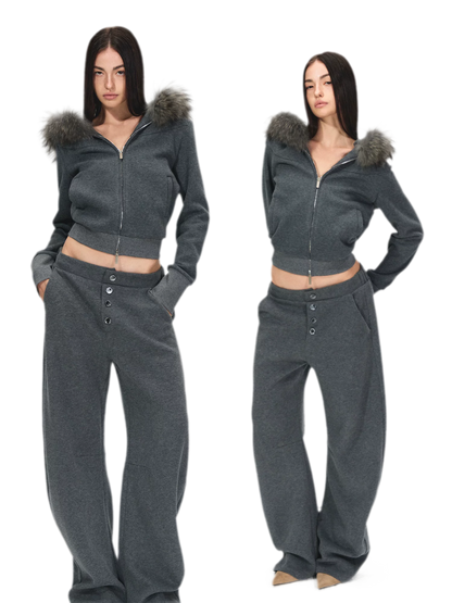 Detachable Fur Collar Fleece Hoodie &amp; Relaxed Pants