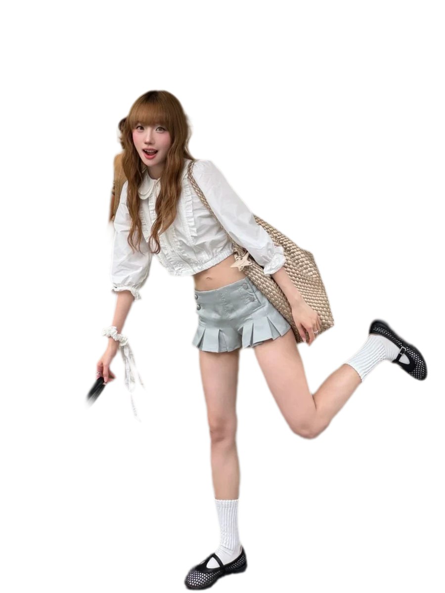 Pleated High-Waisted Double-Breasted Shorts